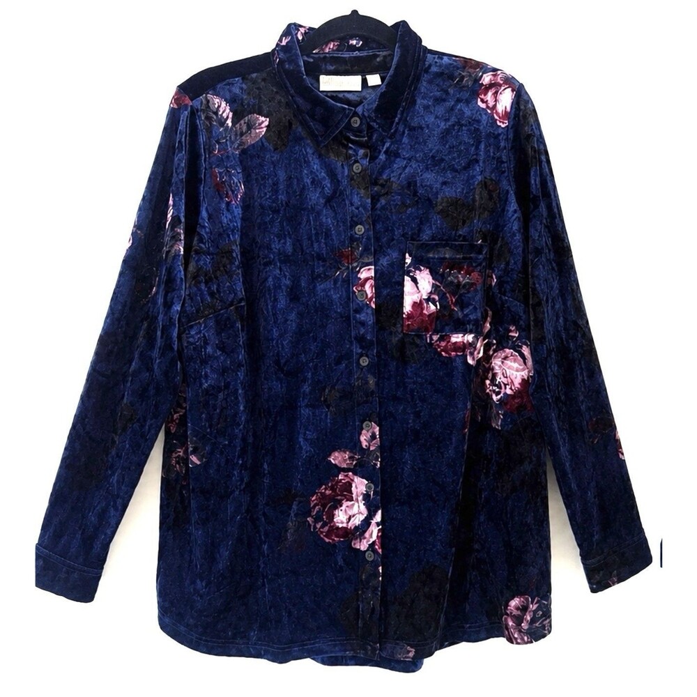 Belle Crushed Velvet Floral Button Down Shirt Blouse L Boho Goth Glam Romantic
